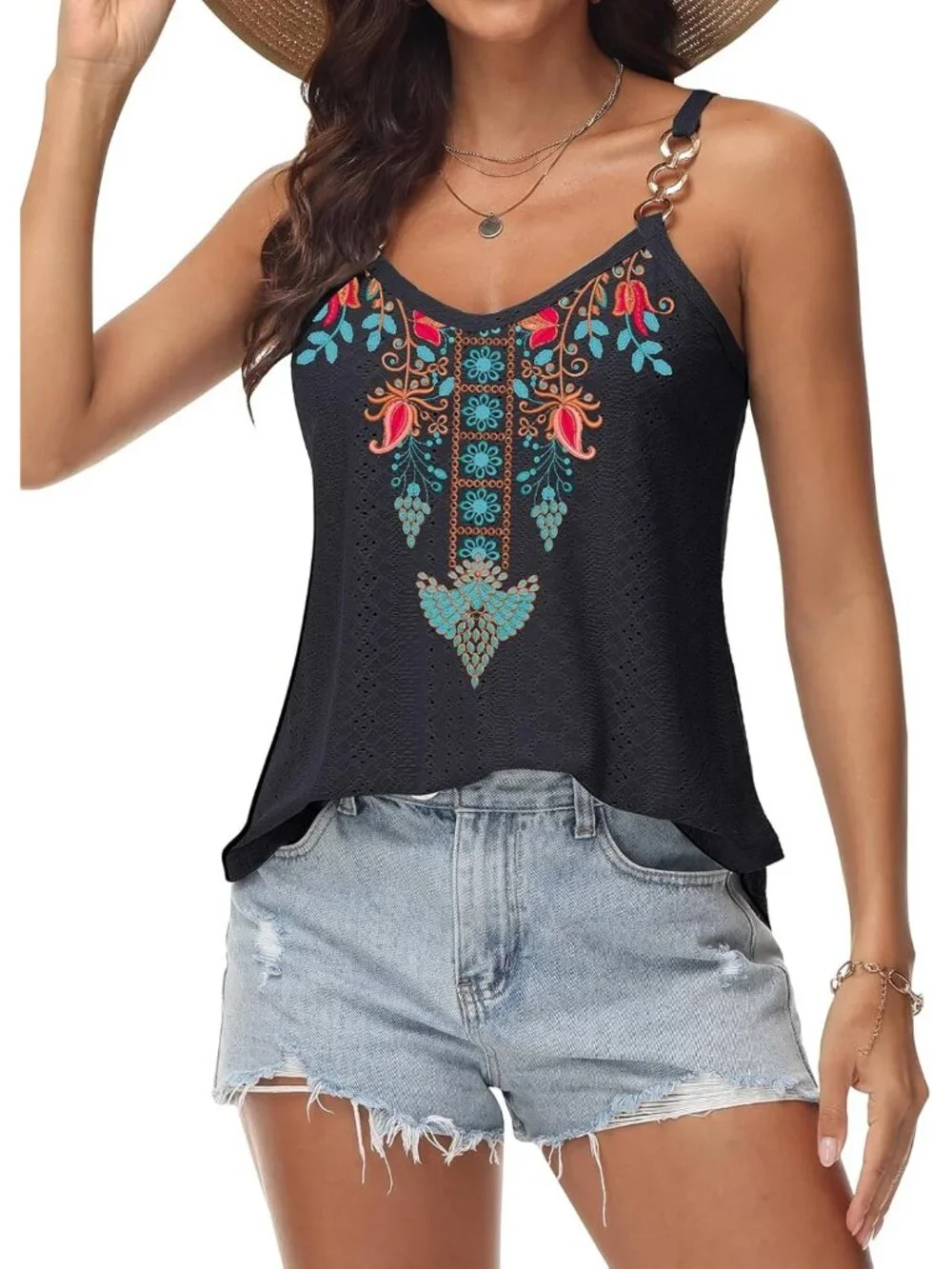 Women's Black Tank Tops Eyelet Sleeveless Spaghetti Strap Sexy Loose Fit Summer - Picture 2 of 5